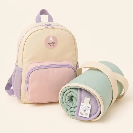 Backpacks lined up with name tags
