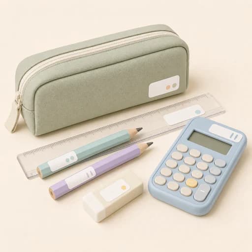 Personalized name labels on a pencil case, ruler, pencils and calculator