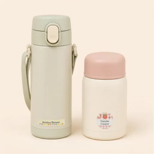 Water bottles with name labels
