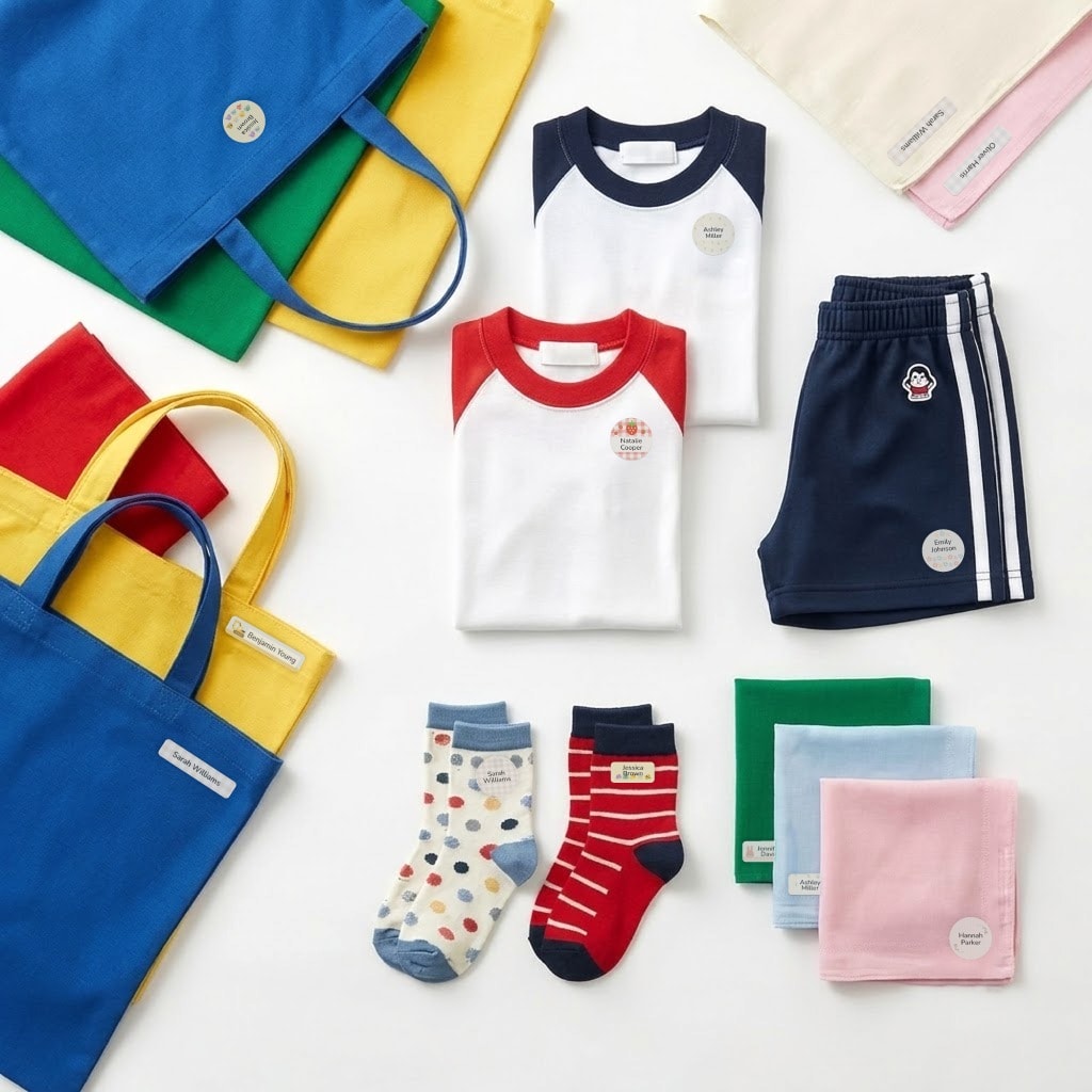 Personalized name labels on kids' apparel, tote bags, and socks
