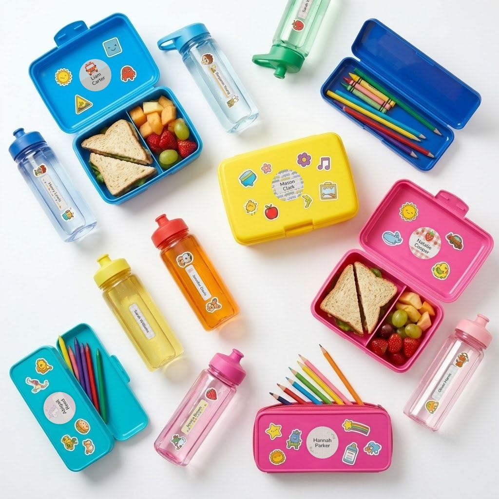 Name-labeled lunch boxes, water bottles, and pencil cases