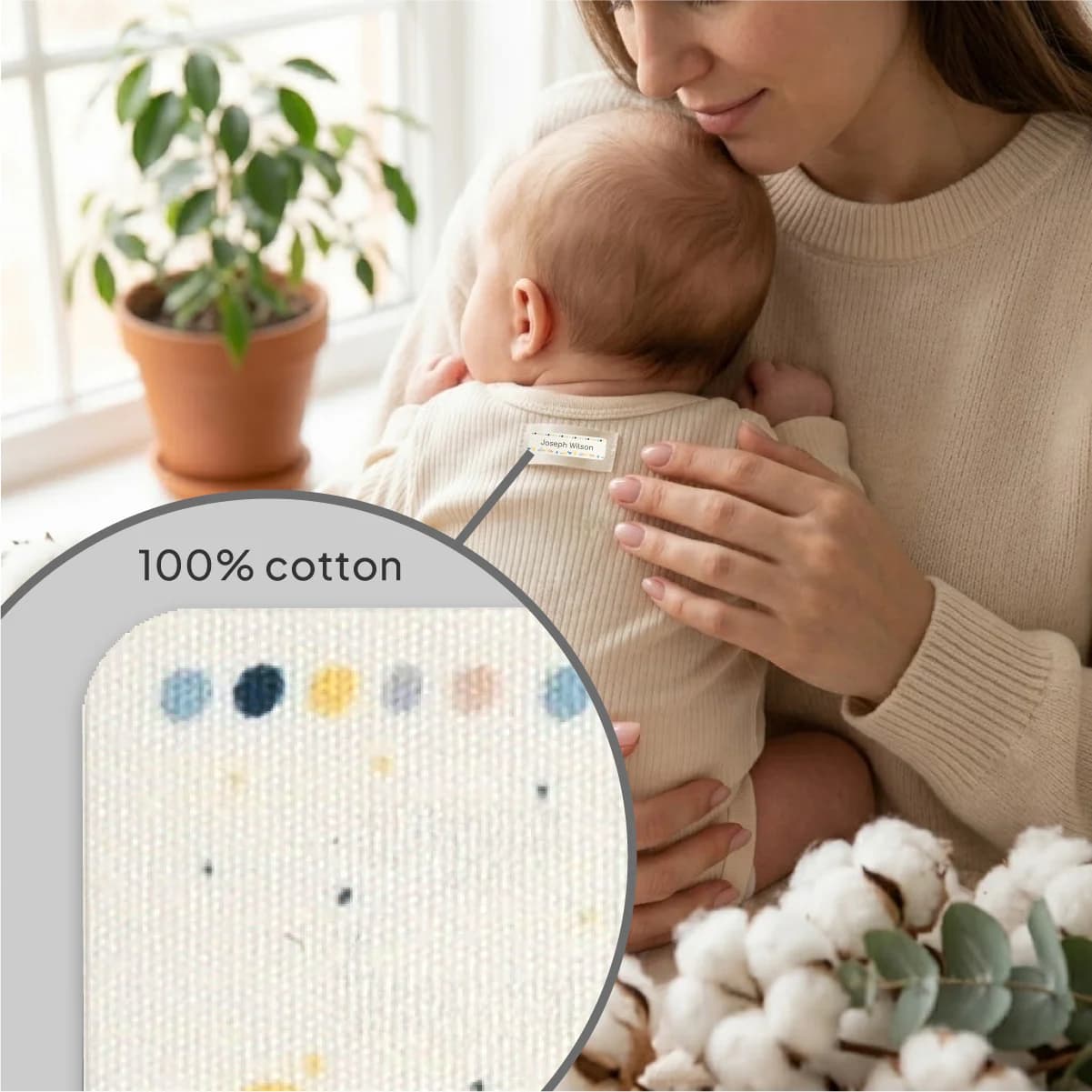 A parent holding a baby whose garment carries a Cotton Label, with a magnified inset of the woven cotton surface