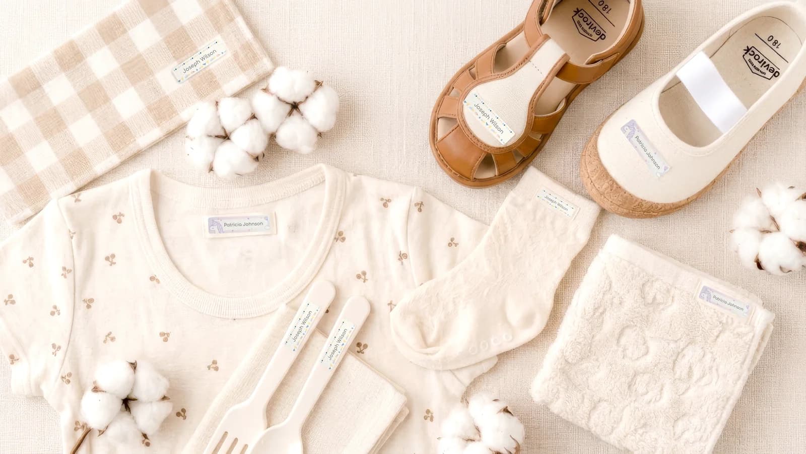 Soft cotton name labels on kids’ clothing, socks, shoes, and everyday items