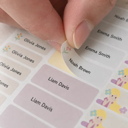 Fingers peeling a pre-cut name label from a label sheet