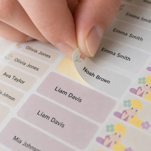 Fingers peeling a pre-cut name label from a label sheet